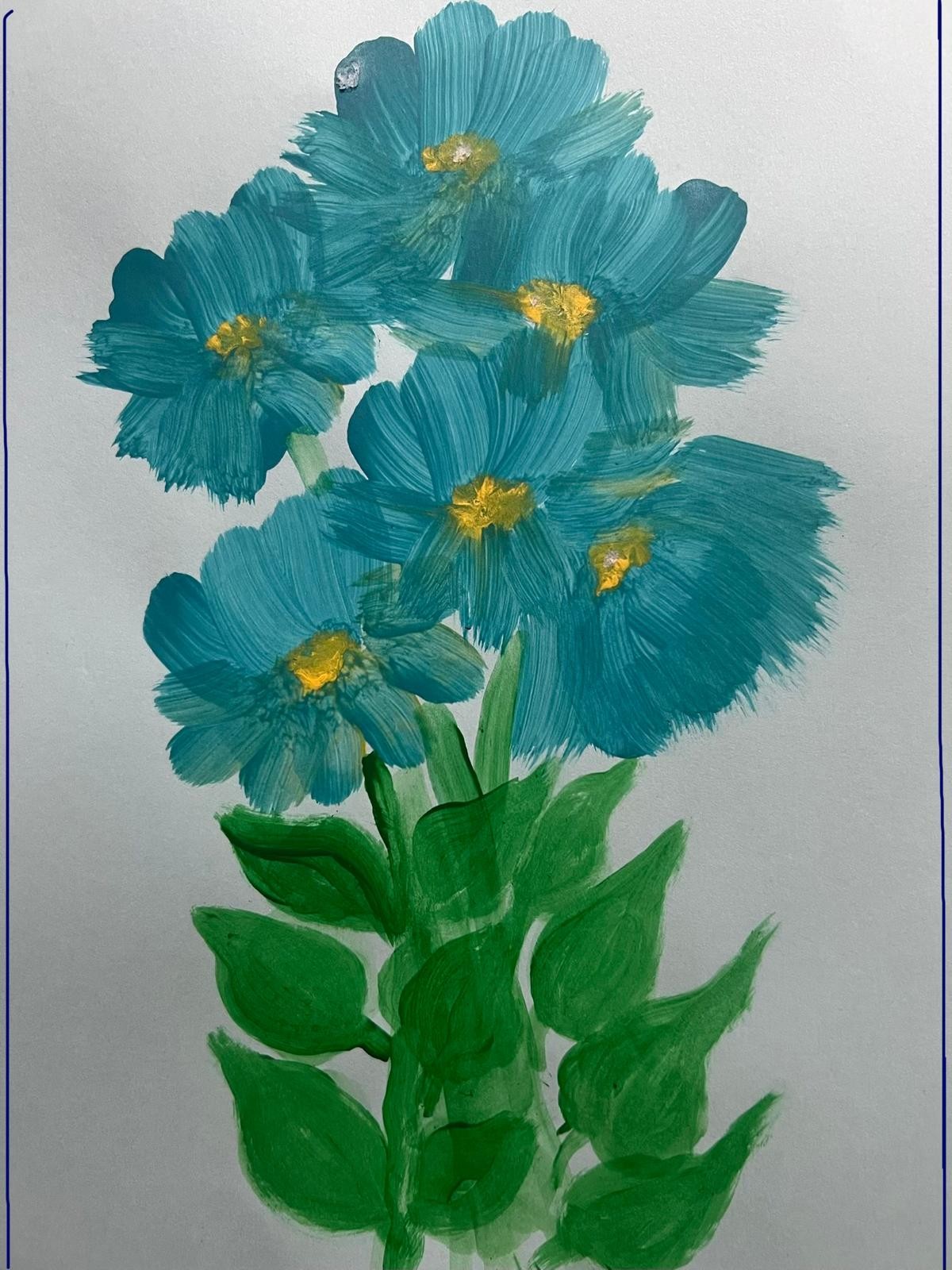 A bouquet of broad-petalled blue flowers with yellow centres and layered green leaves.