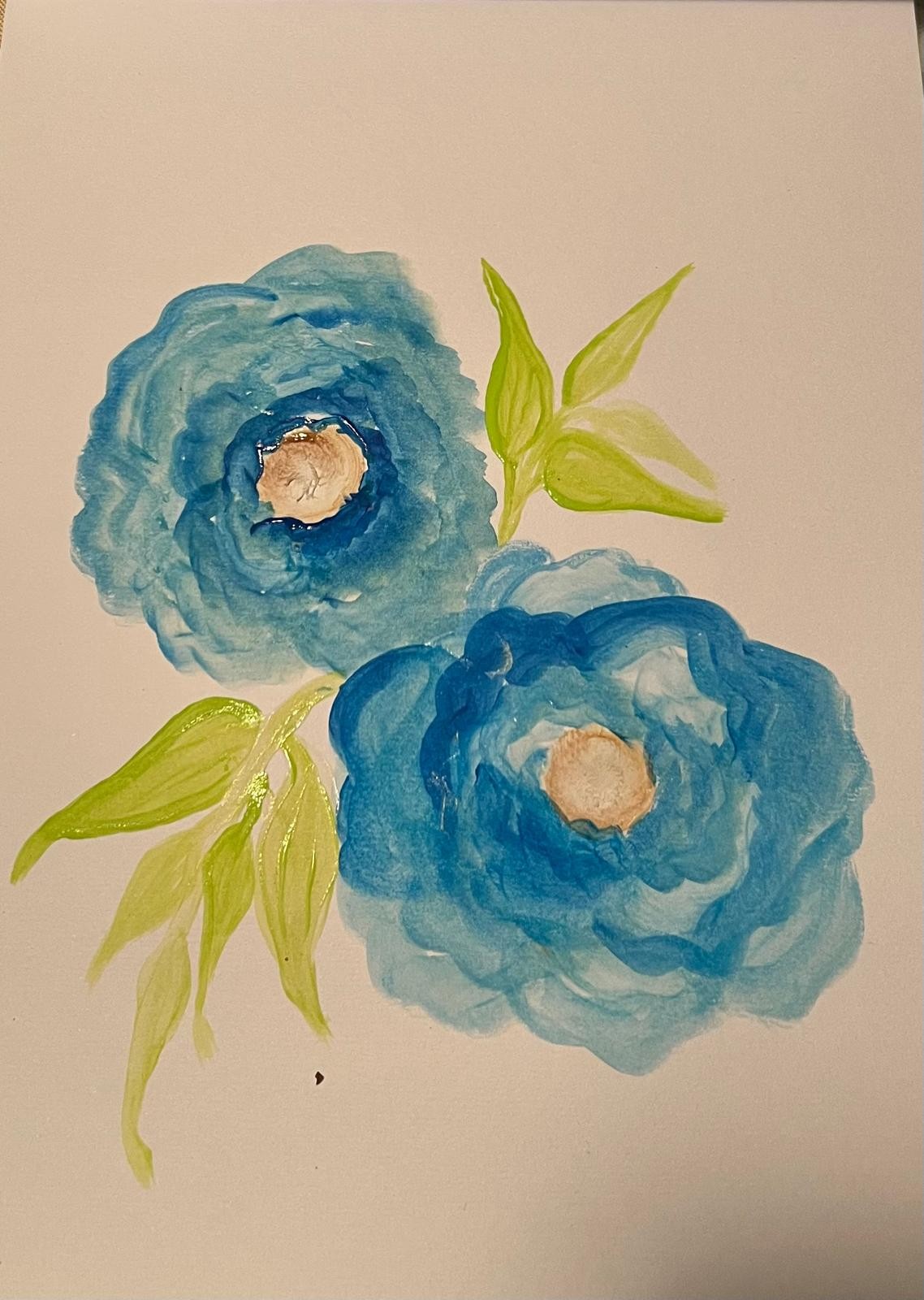 Two layered blue flowers with pale centres and bright green leaves on cream paper.