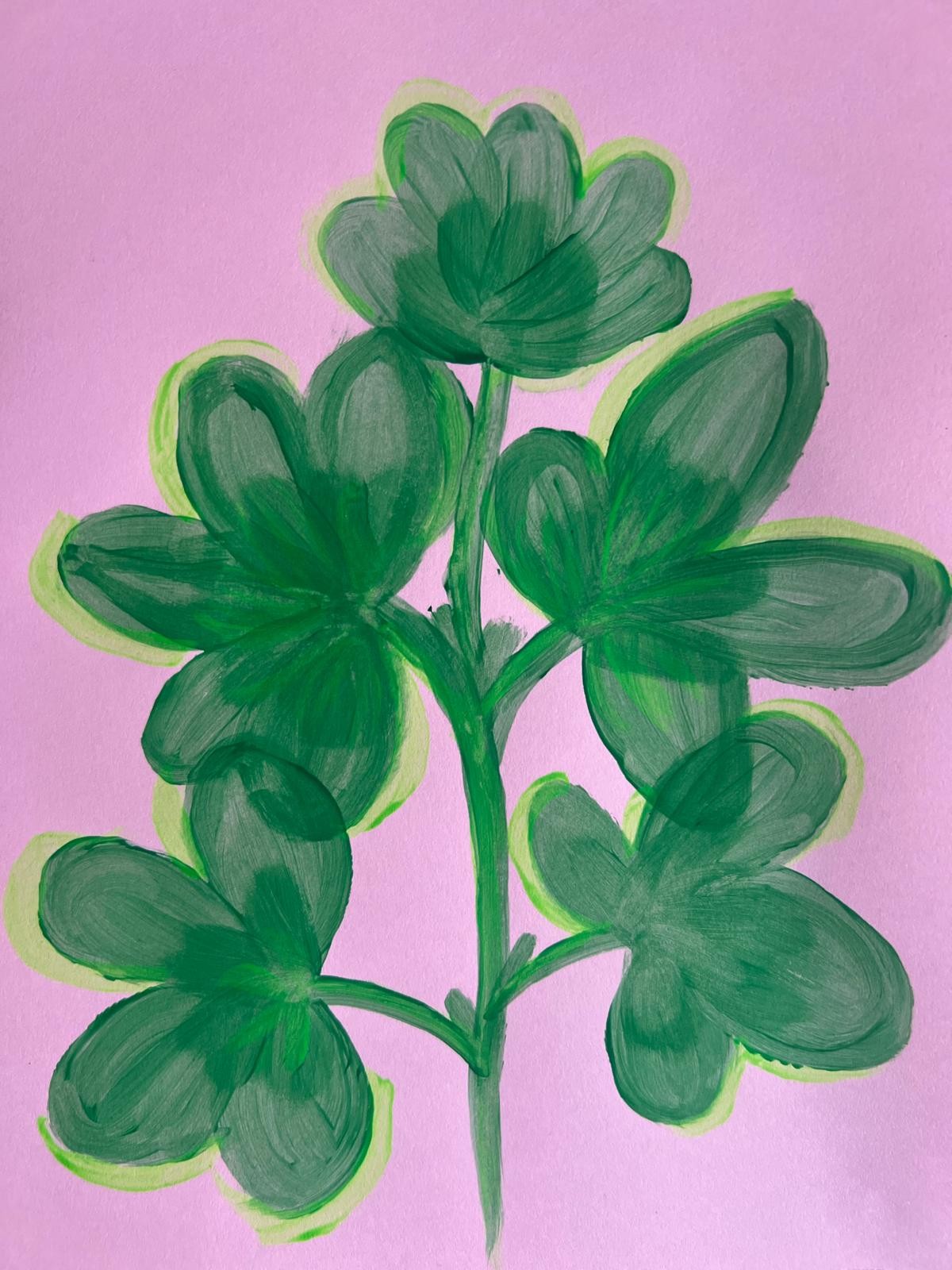 Rounded green flowers and leaves on branching stems against a light pink background.