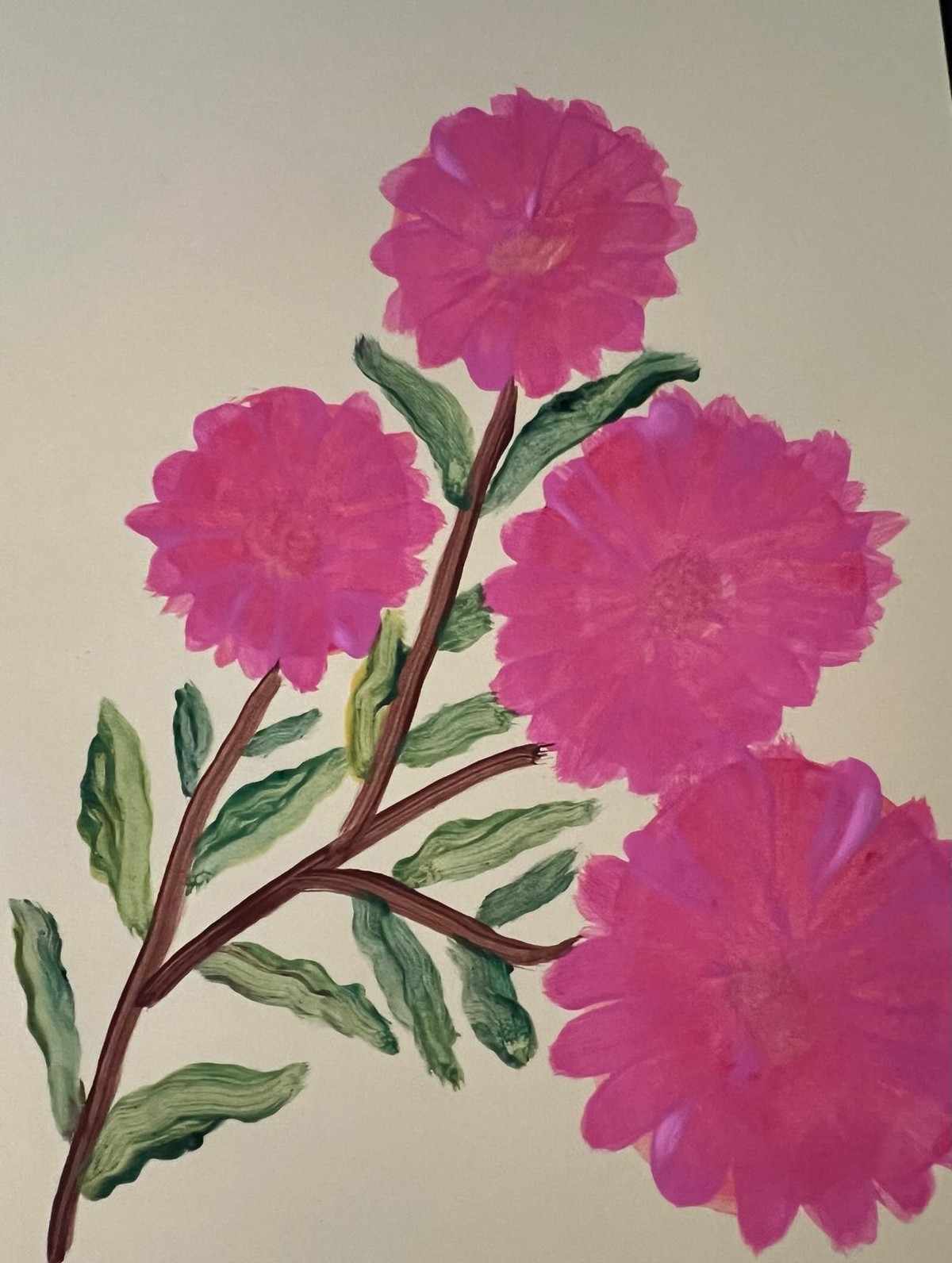 Round magenta flowers along dark branching stems with green leaves on pale paper.