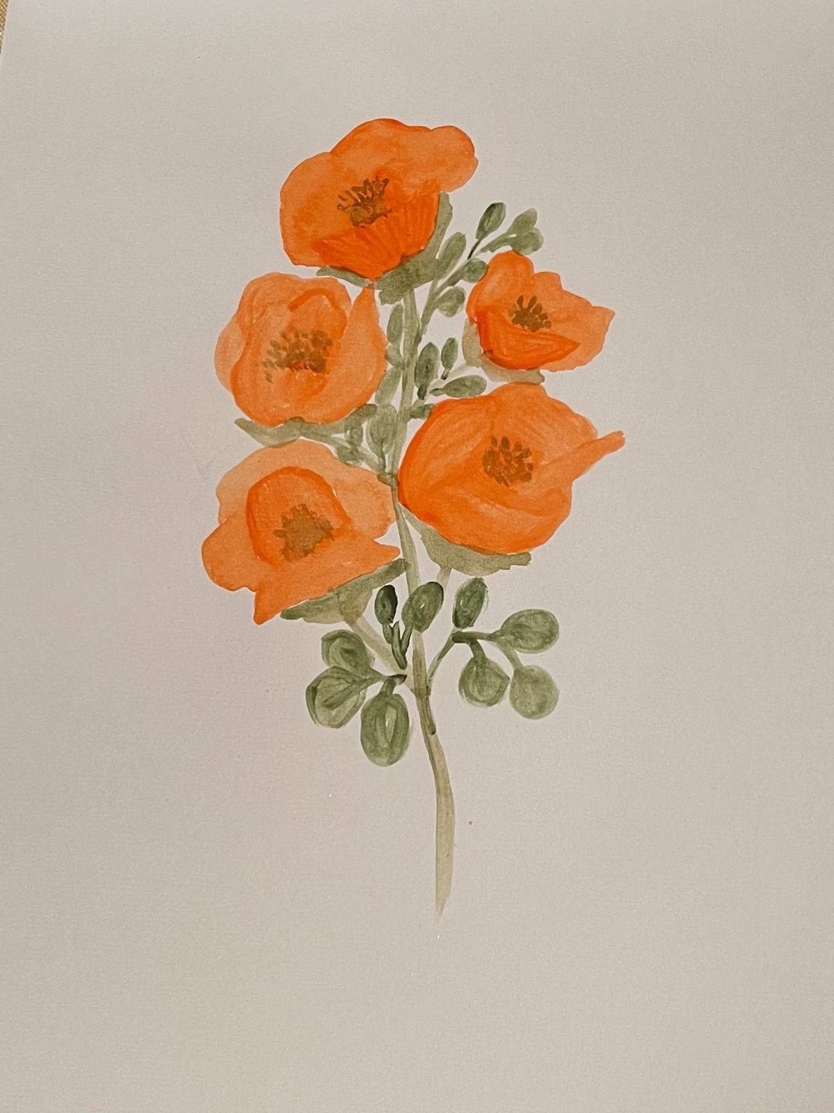 Orange cup-shaped flowers on delicate green stems, painted on pale paper.