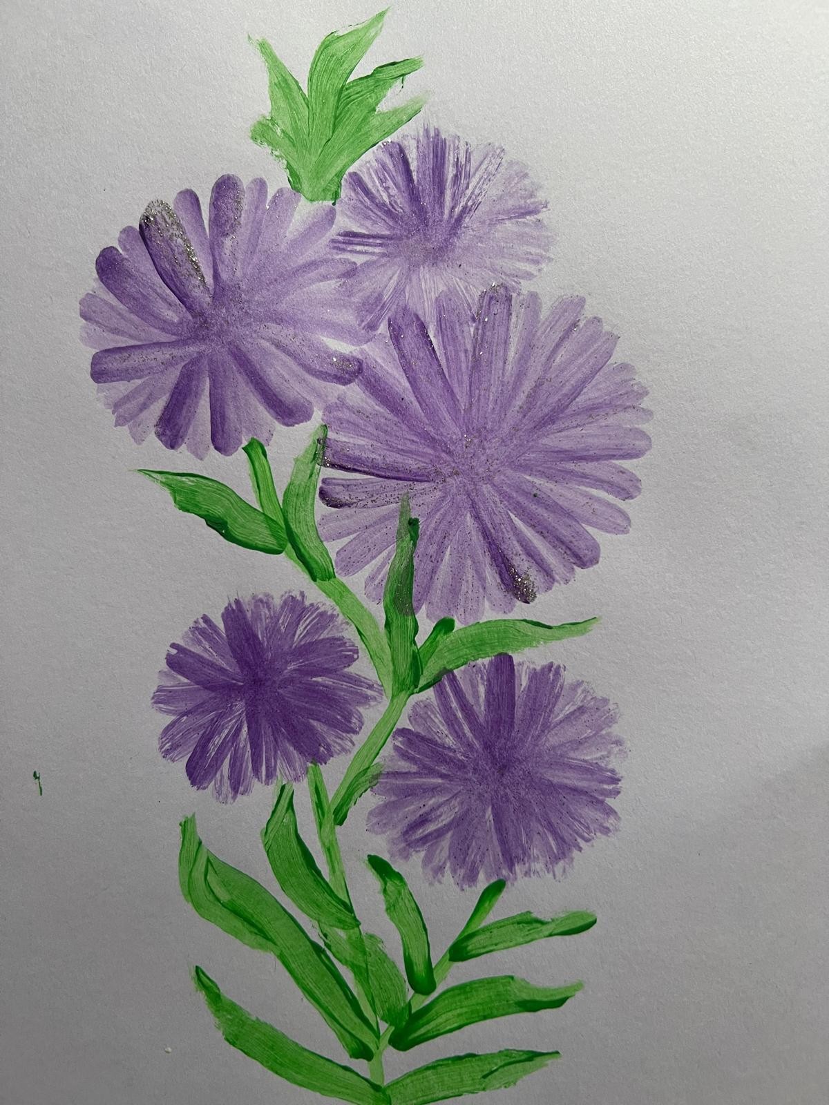 Purple daisy-like flowers with long green stems and pointed leaves on a pale grey background.