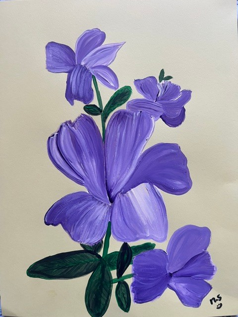 Several large purple blossoms with dark green stems and leaves on an off-white background.