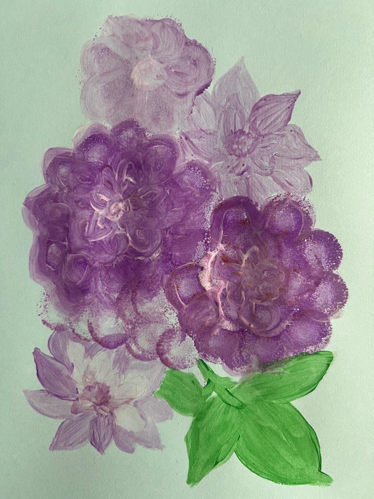 Large violet flowers and paler lilac blossoms above green leaves on a light green ground.