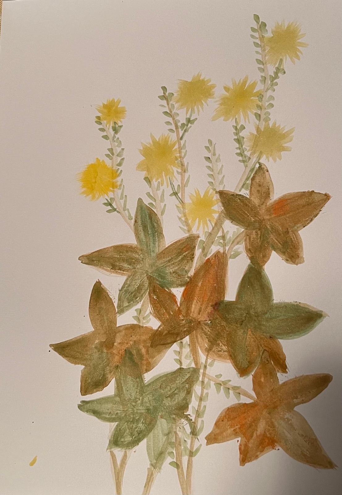 Small yellow flowers and ochre star-shaped blooms joined by fine green stems.